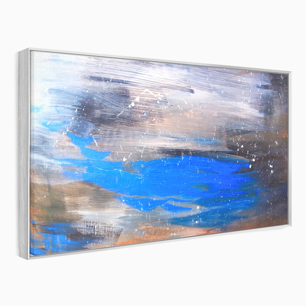 Tablou canvas cu pictura abstracta cu pete albastre, in rama de aluminiu argintiu